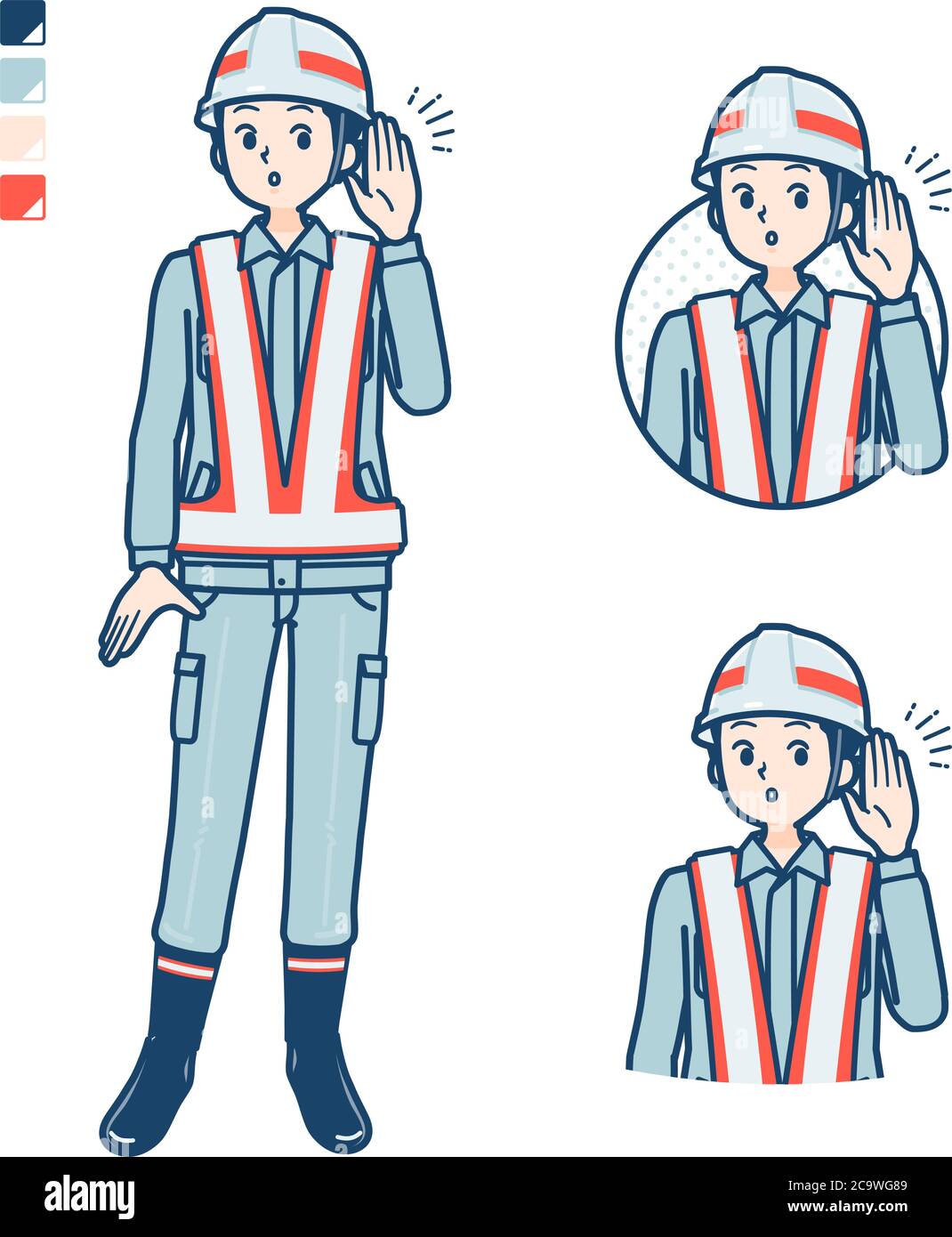 Ein Mann trägt Arbeitskleidung mit Hörbildern. Es ist Vektorgrafik, so dass es einfach zu bearbeiten ist. Stock Vektor