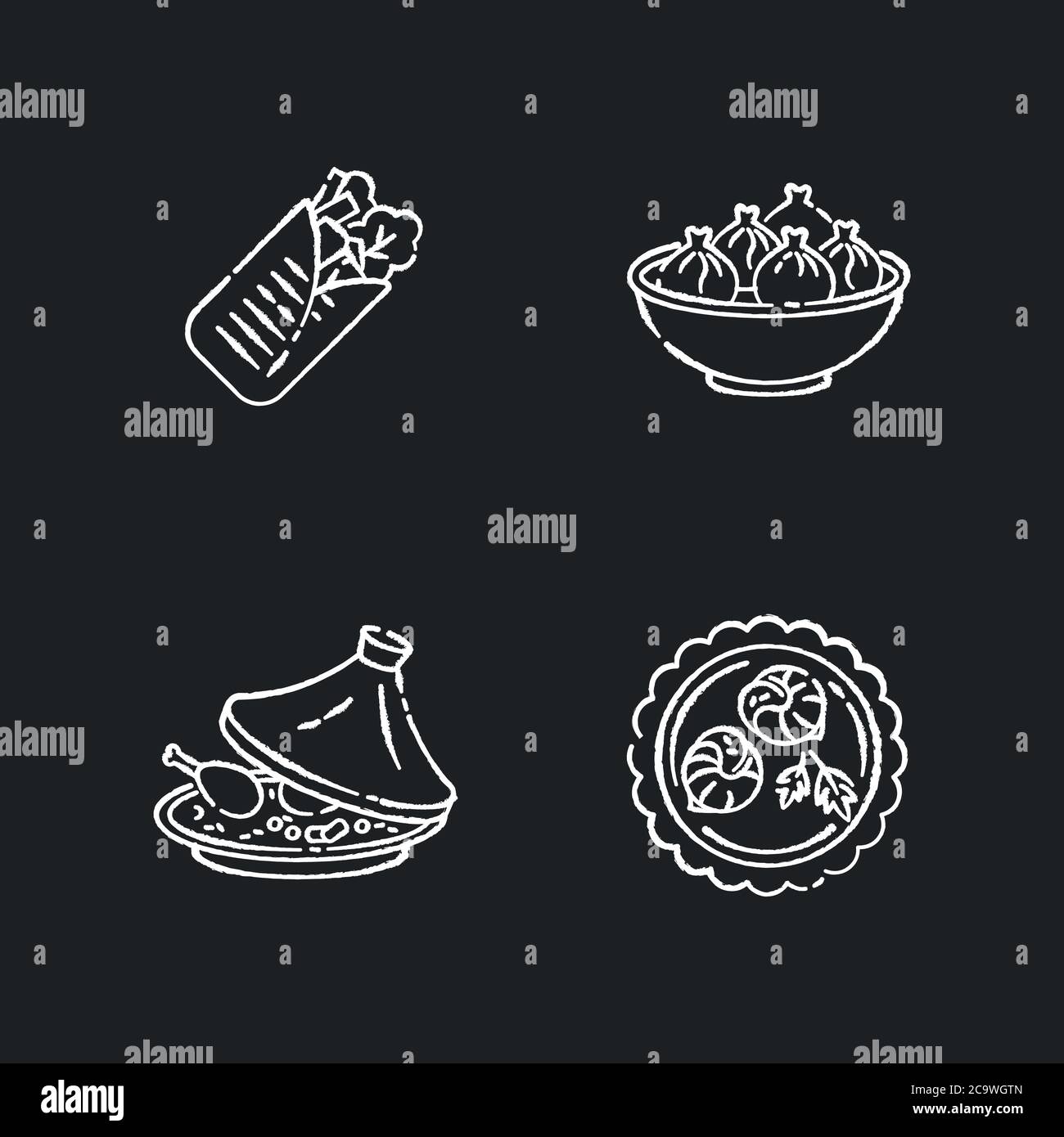 Traditionelle Schale Kreide weiße Symbole auf schwarzem Hintergrund gesetzt. Shawarma aus der östlichen Küche. Asiatisches Gericht. Chinesischer Knödel. Escargot de bourgogne. Isolat Stock Vektor