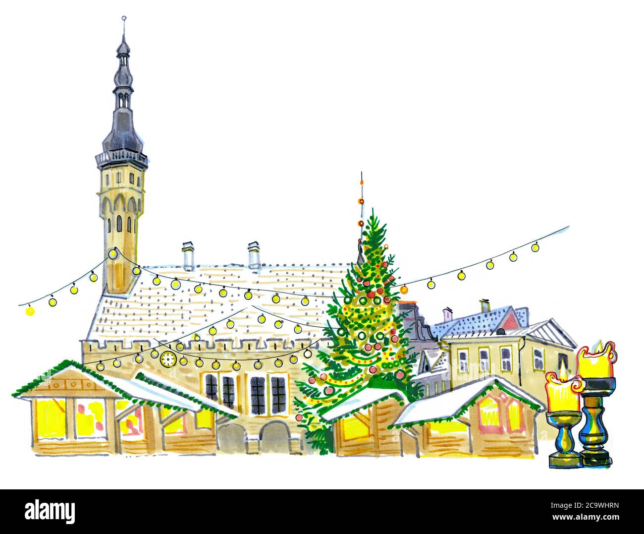 Weihnachtsmarkt am Rathausplatz in Tallinn, Estland. Neujahrsbaum, Feiertagsbeleuchtung, Kerzen, Schnee auf den Dächern. Von Hand gezeichnet skizzenhaft Stockfoto