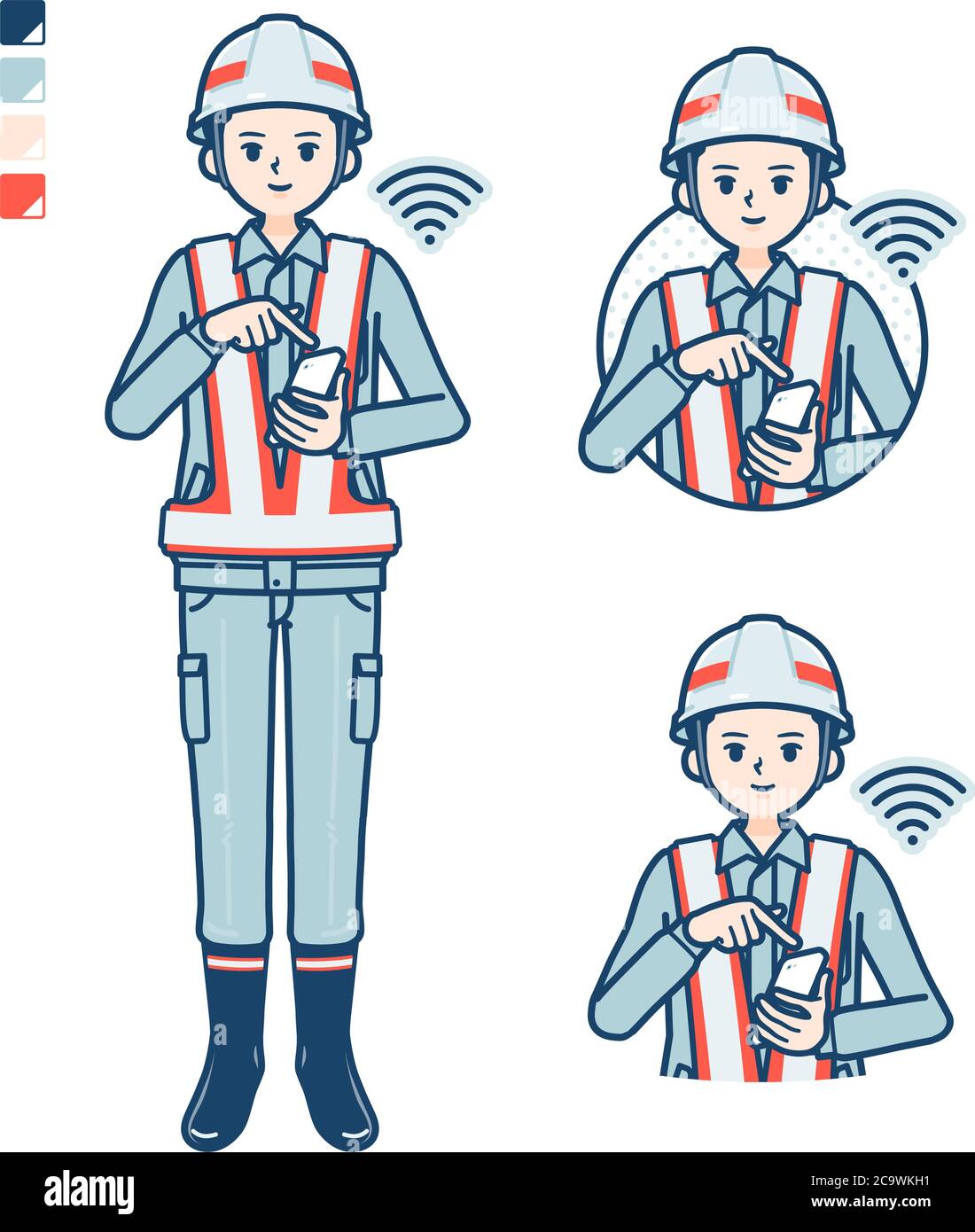 Ein Mann trägt Arbeitskleidung mit Bedienung Smartphone Bilder. Es ist Vektorgrafik, so dass es einfach zu bearbeiten ist. Stock Vektor