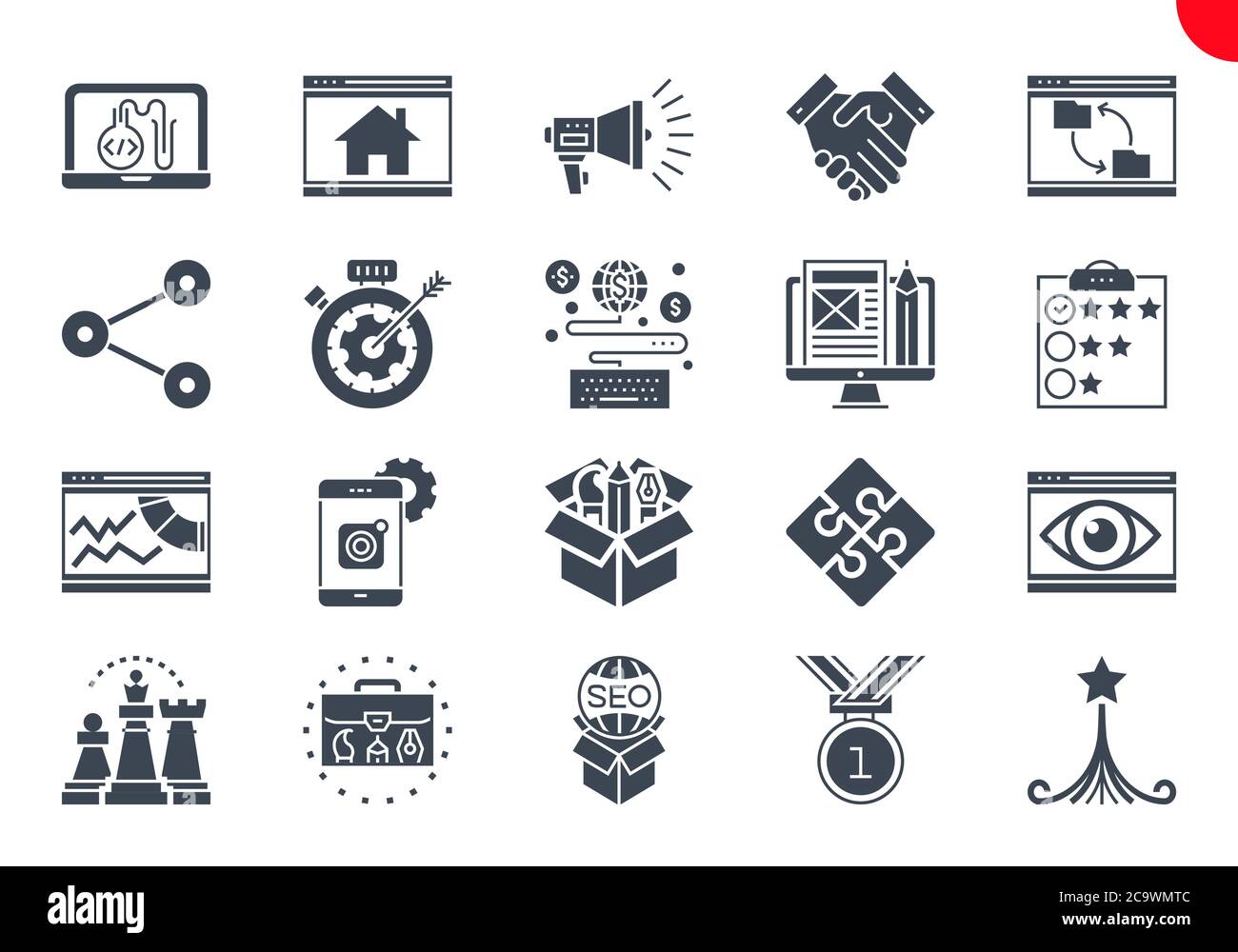 Glyphen-Symbole-Set der Suchmaschinenoptimierung Stock Vektor