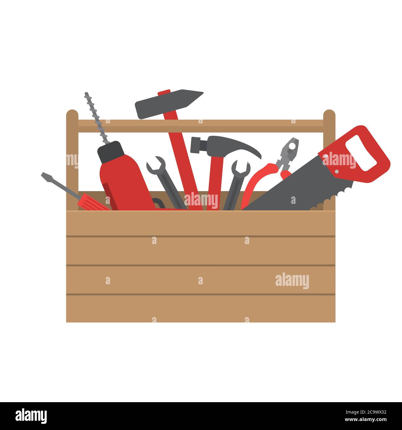 Werkzeugkasten. Es gibt einen Bohrer, Hammer, Säge, Schraubendreher, Schraubenschlüssel, Zange im Bild. Vektorgrafik Stock Vektor