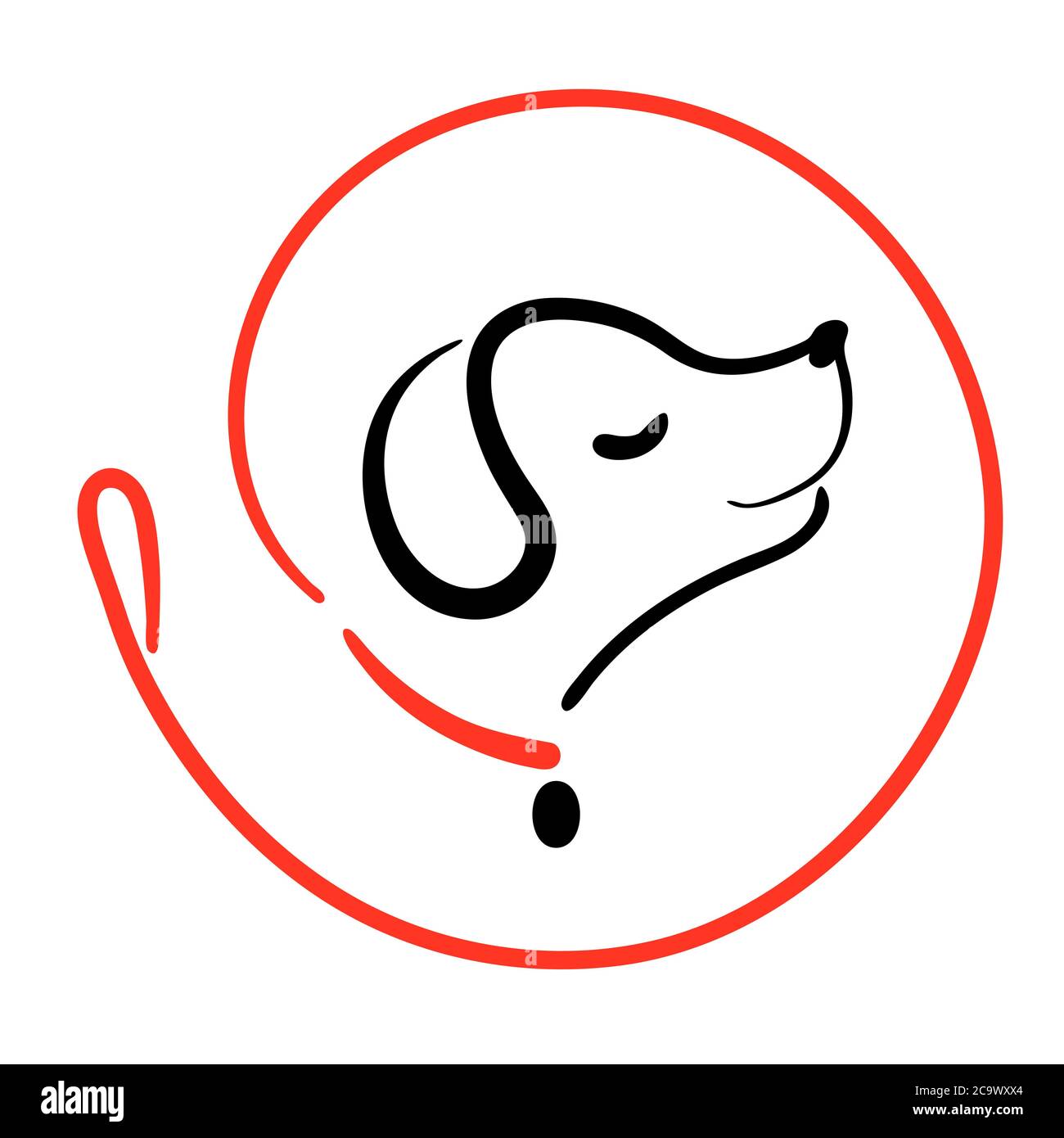 Hund Walking Service-Logo in Linie Stil auf rund von Leine. Happy Puppy Training Symbol. Fuß Haustier Symbol in schwarz rot Vektor Umriss Illustration. Einfache Cartoon Tier-Logo. Stock Vektor
