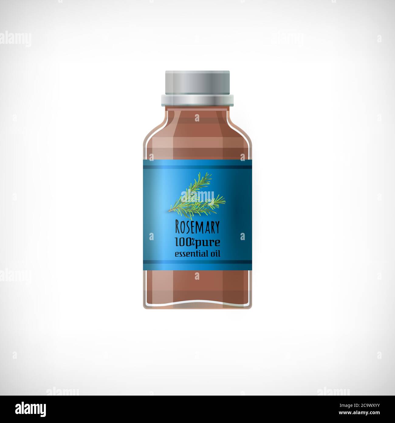 Glasbehälter für essenciales Öl. Symbol für transparente braune medizinische Flasche. Text Rosmarin 100% reines ätherisches Öl. Realistischer Effekt. Glasflasche. Stock Vektor