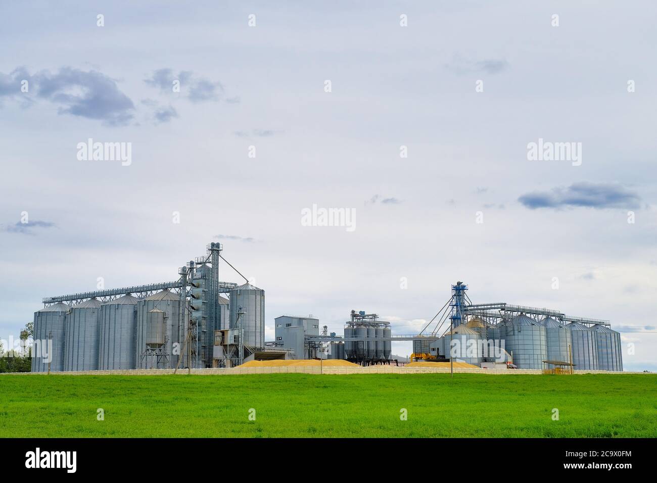 Getreideaufzug. Metallsilos für Getreidelagerung, Trocknung, Reinigung landwirtschaftlicher Produkte, Mehl, Getreide und Getreide. Agroverarbeitung, Agrarkonzept Stockfoto