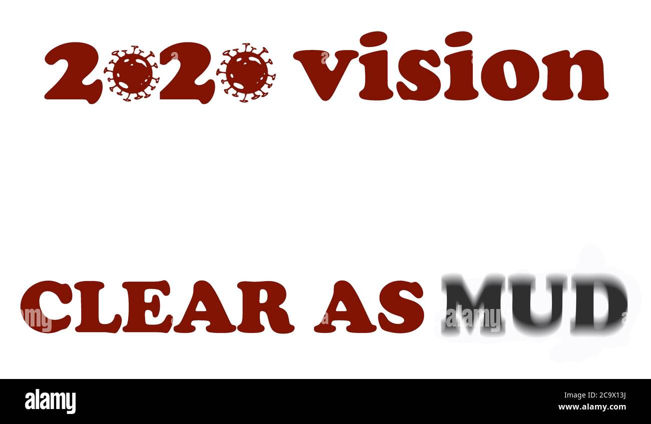 Textgrafik mit der Aufschrift „2020 Vision, klar wie Schlamm“ mit den Nullen im Jahr, dargestellt durch Virussymbole, Konzept für die Wirkung des Corona-Virus, COVID-19 Stockfoto
