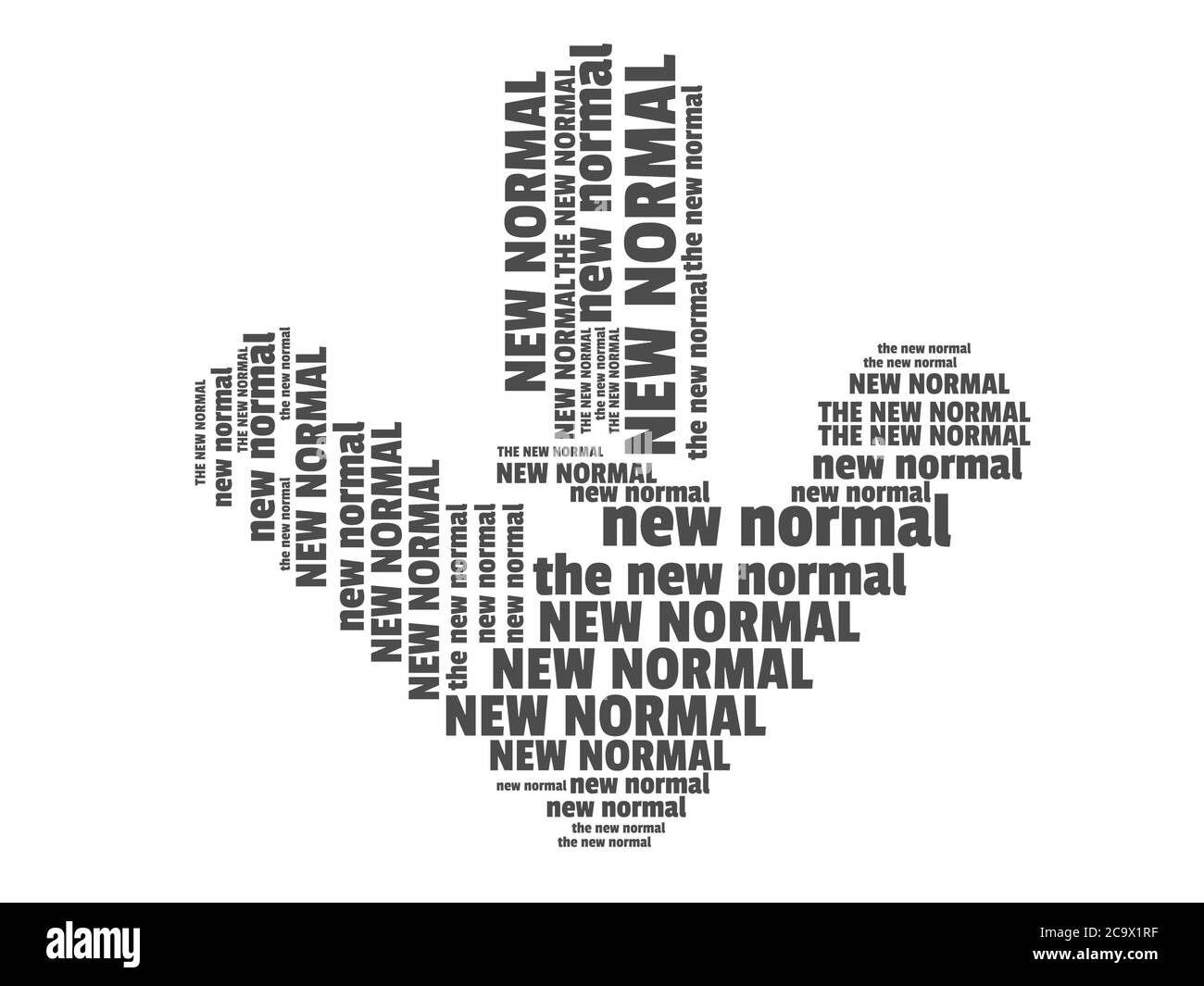 Wortwolke mit Textlesung 'New Normal' bildet einen nach unten zeigenden Pfeil, Konzept für negative Auswirkungen von Coronavirus, Nachwirkungen, Welt im Wandel Stockfoto