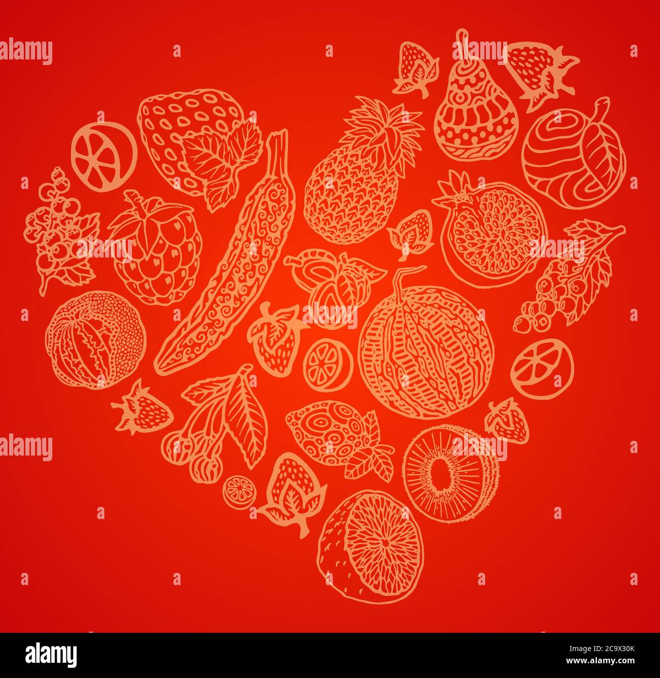 Schöne Vektor-Kunst mit Früchten und Beeren Sammlung in Form von Herz Stock Vektor