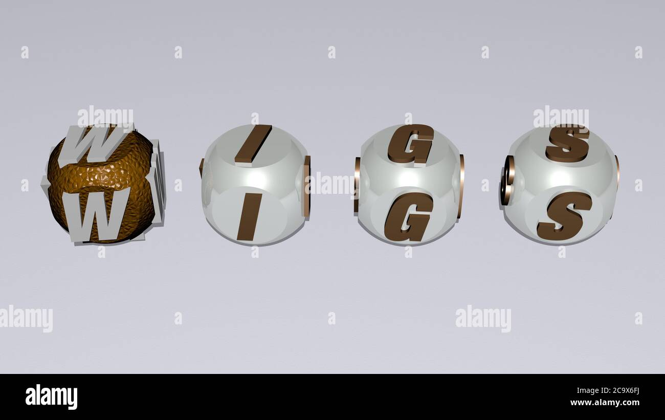 Kreuzworträtsel von Perücken, angeordnet durch kubische Buchstaben auf einem Spiegelboden, Begriffsbedeutung und Präsentation. 3D-Illustration Stockfoto