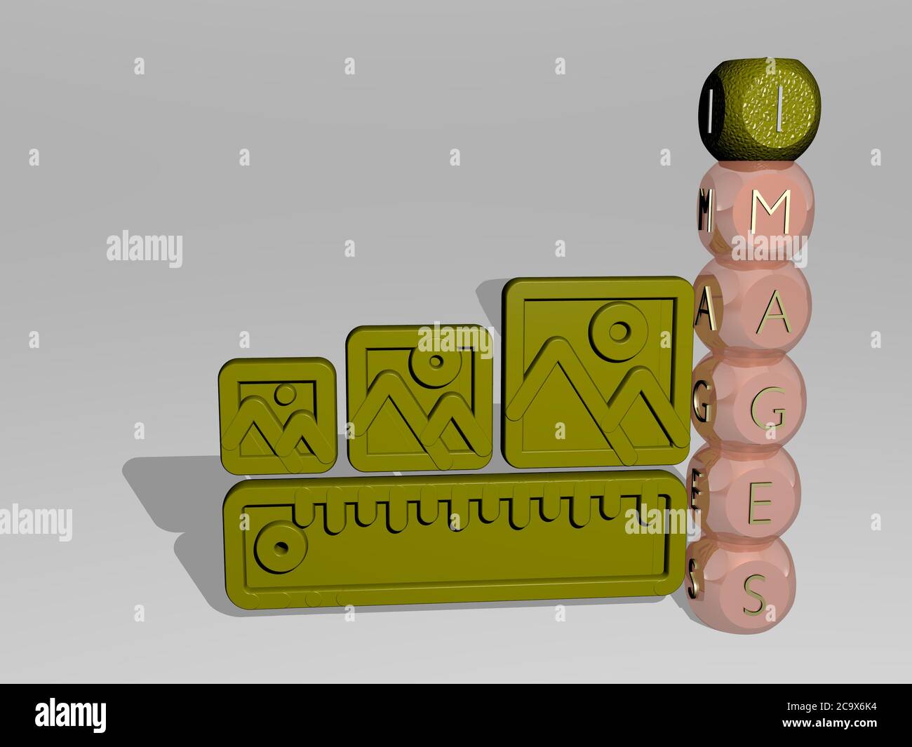 3D-Darstellung von BILDERN mit Symbol an der Wand und Text angeordnet durch metallische kubische Buchstaben auf einem Spiegelboden für Konzept Bedeutung und Diashow-Präsentation. Illustration und Hintergrund Stockfoto