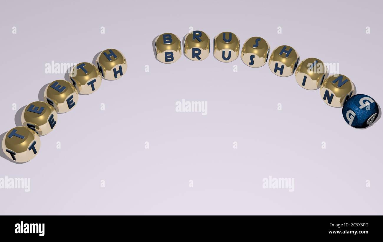 ZÄHNEPUTZEN kombiniert mit Würfelbuchstaben und Farbübergang für die damit verbundenen Bedeutungen des Konzepts. Zahn und Pflege. 3D-Illustration Stockfoto
