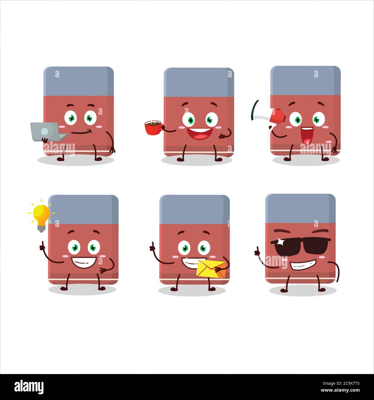 Radiergummi Cartoon-Charakter mit verschiedenen Arten von Business-Emoticons Stock Vektor