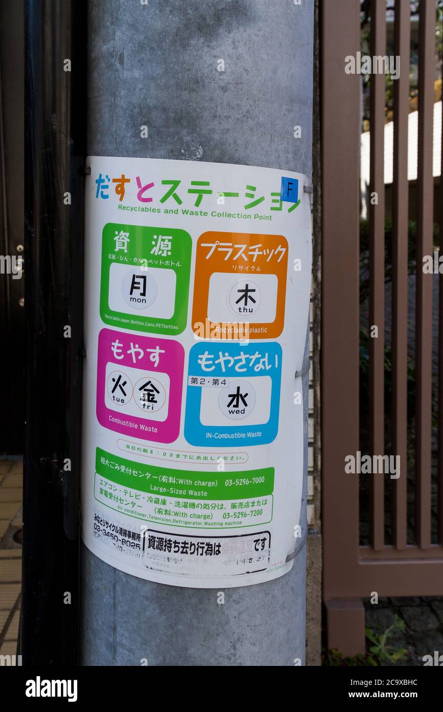 Ein Schild auf einer Straße, auf dem die Recycling-Sammeltage auf Japanisch und Englisch erklärt werden. Tokio, Japan. Stockfoto