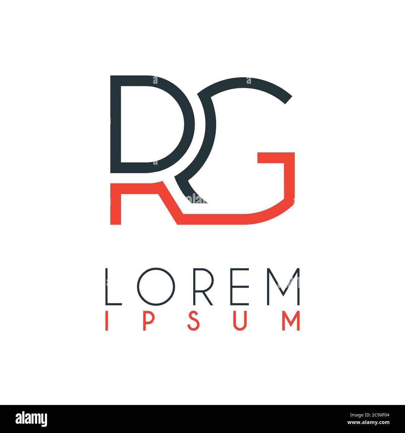 Das Logo zwischen dem Buchstaben R und dem Buchstaben G oder RG mit einem bestimmten Abstand und durch orange und graue Farbe verbunden Stock Vektor