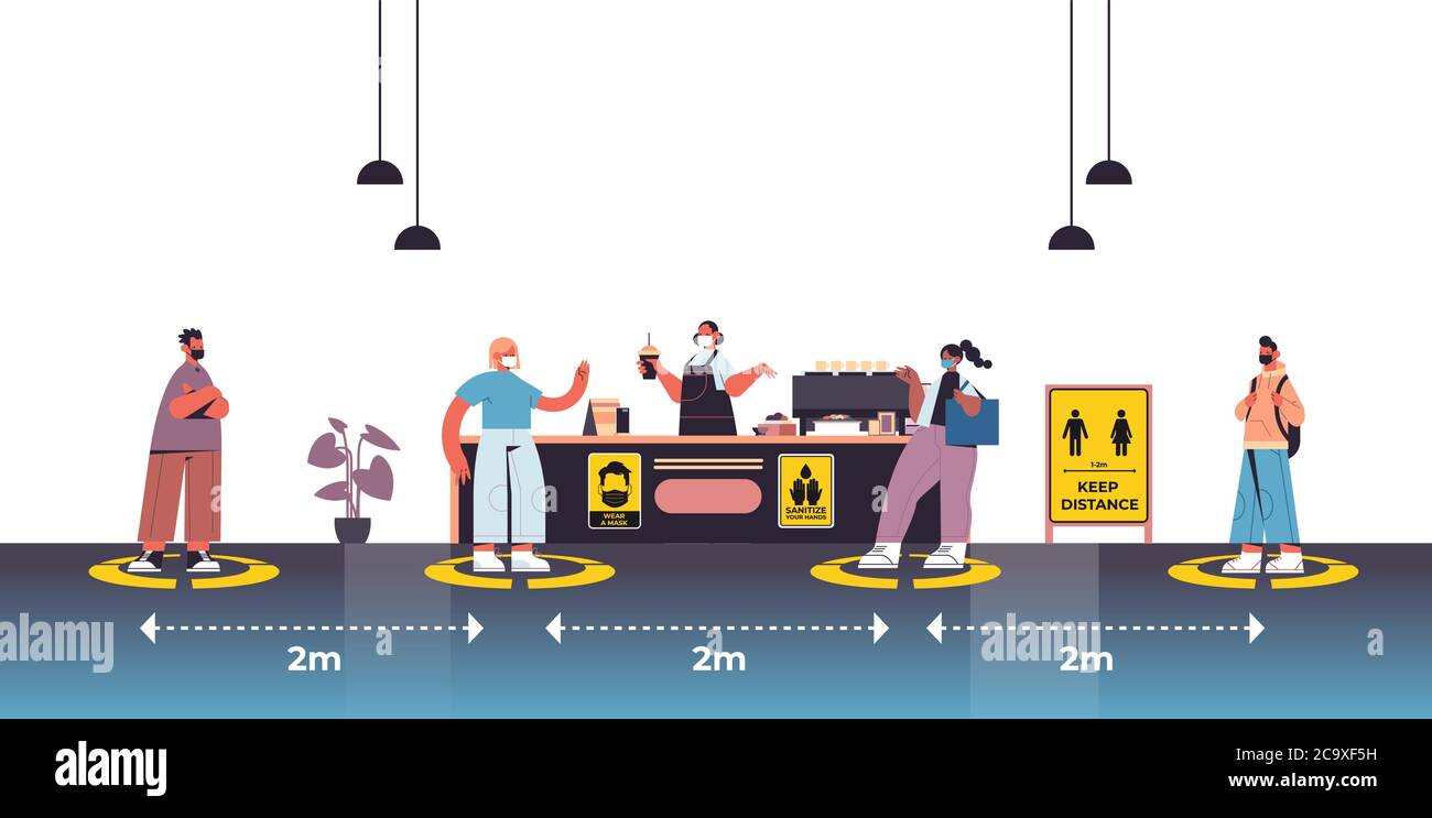 Cafe Besucher in Schutzmasken halten Abstand zu Coronavirus soziale Distanzierung Konzept Menschen stehen auf gelben Flor Zeichen horizontale volle Länge Vektor-Illustration zu verhindern Stock Vektor