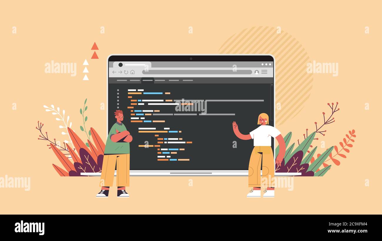 Software-Ingenieure Programmierer arbeiten an Projekt mit Laptop Entwicklung Codierung Programmierung Konzept horizontale volle Länge Vektor Illustration Stock Vektor