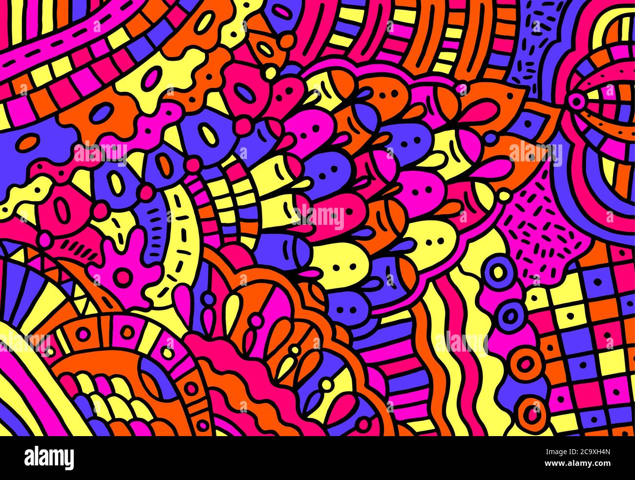 Doodle bunte Cartoon-Muster.Trippy Hintergrund mit floralen abstrakten Motiven. Psychedelische Textur. Zentangle-Muster. Vektorgrafik. Stock Vektor