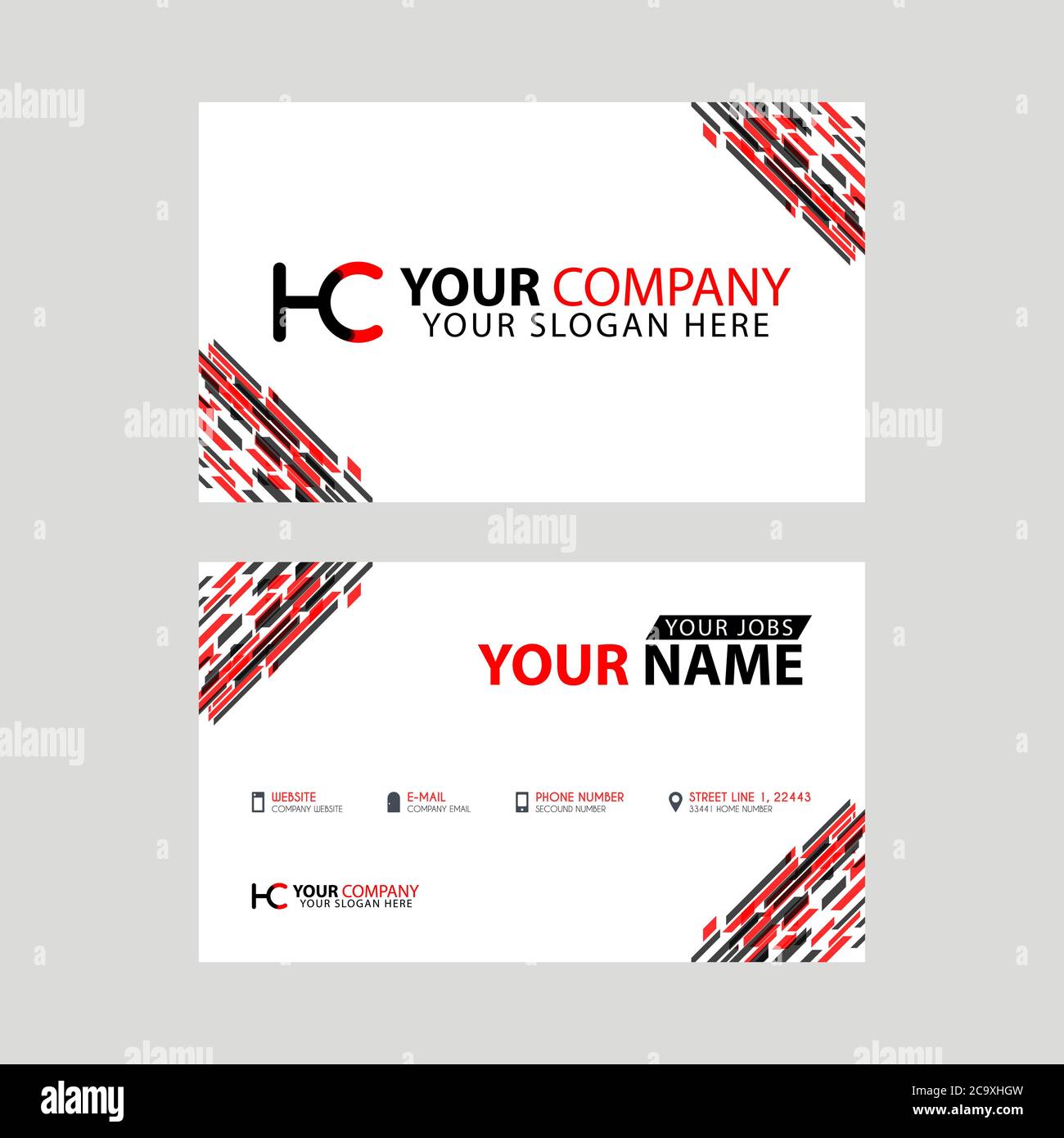 Logo HC Design mit einer schwarzen und roten Visitenkarte mit horizontalem und modernem Design. Stock Vektor