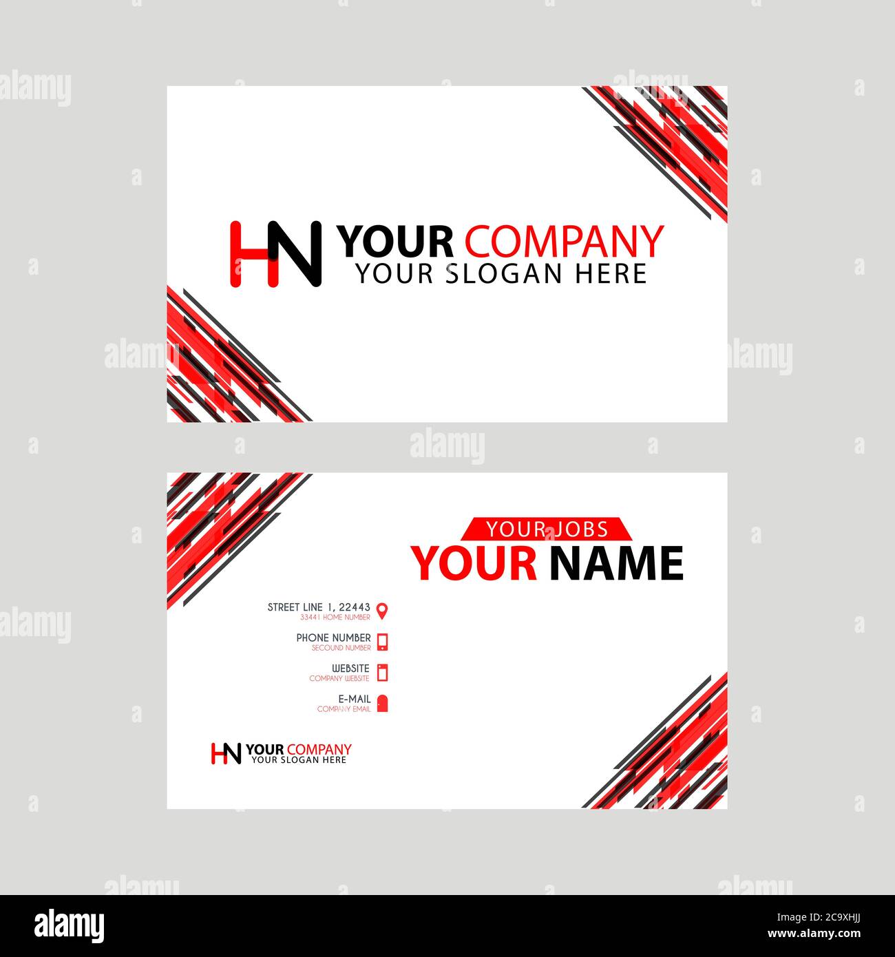 Logo HN Design mit einer schwarzen und roten Visitenkarte mit horizontalem und modernem Design. Stock Vektor