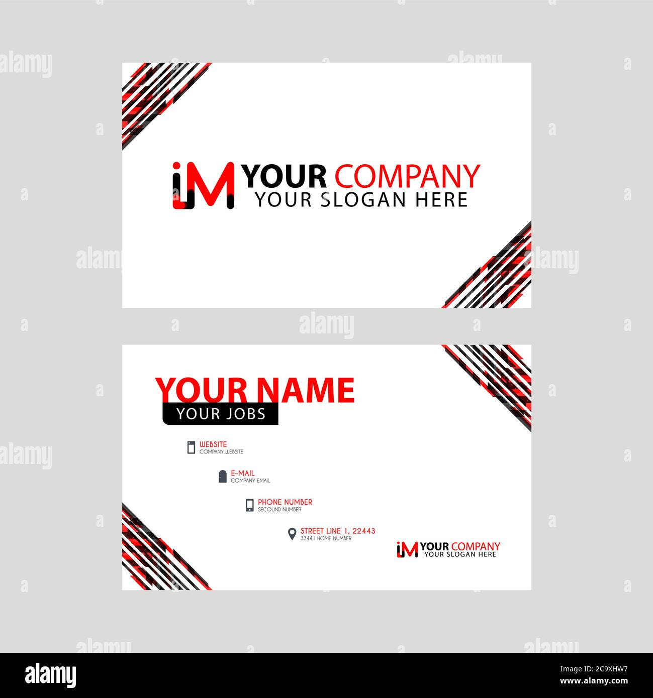 Horizontale Namenskarte mit dekorativen Akzenten am Rand und Bonus-im-Logo in Schwarz und Rot. MI Logo Design Stock Vektor