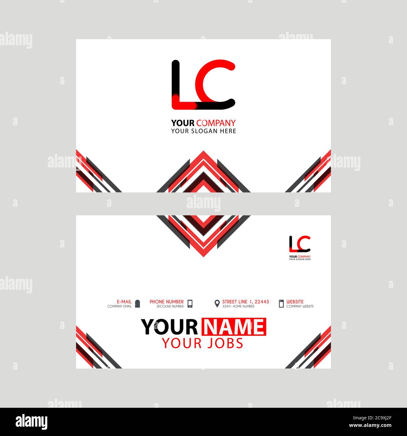 Horizontale Namenskarte mit LC-Logo Letter und einfacher rot-schwarzer und dreieckiger Dekoration am Rand. CL Vektorlogo Stock Vektor