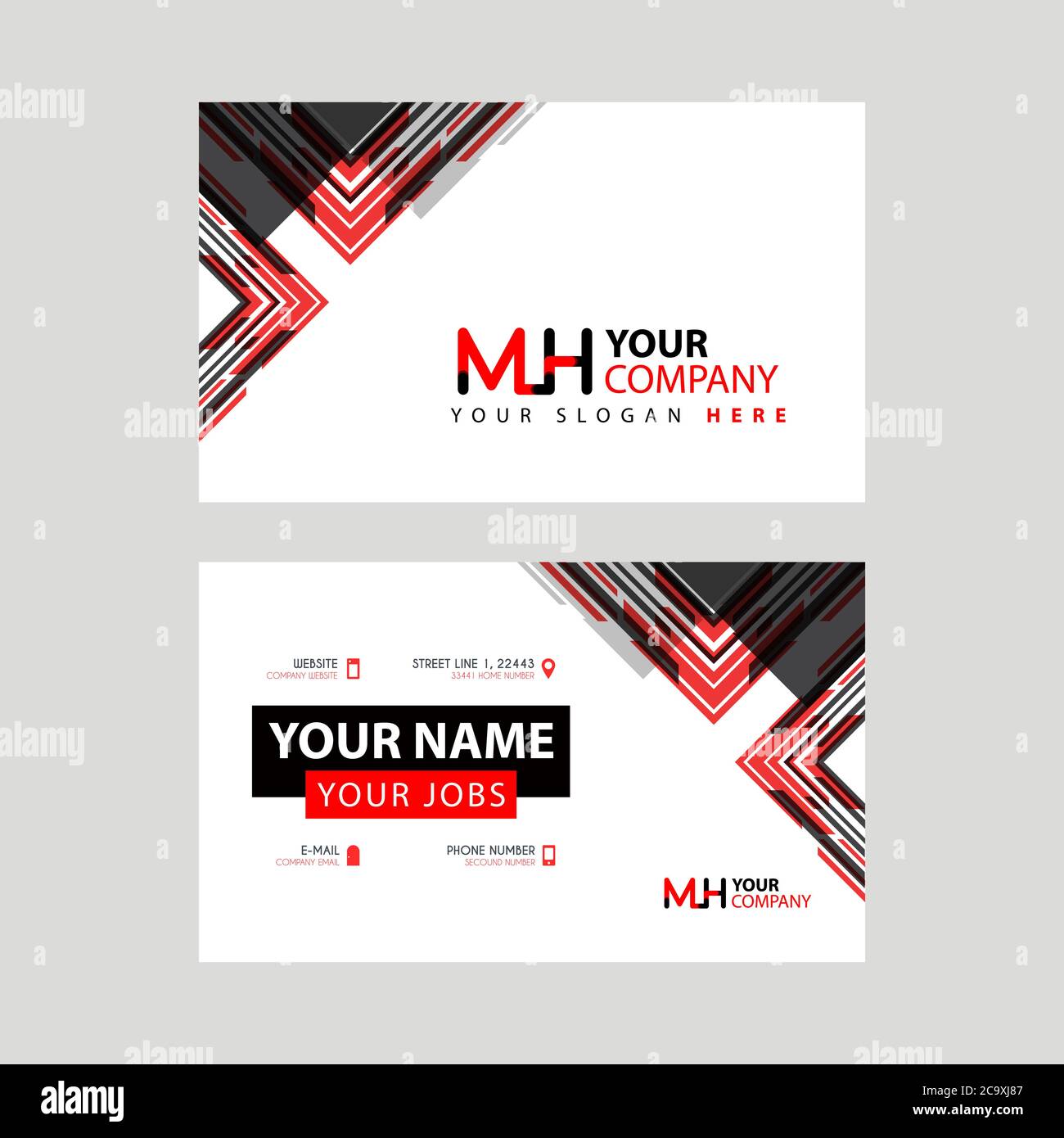 Der MH-Logo-Buchstabe mit Box-Dekoration am Rand und eine Bonus-Visitenkarte mit modernem und horizontalem Layout. HM-Vektorlogo Stock Vektor