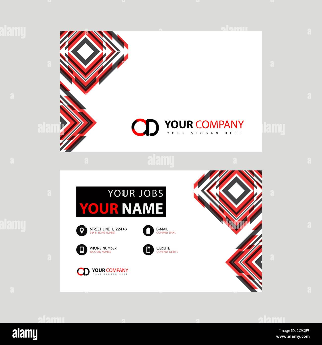 Letter OD Logo in schwarz, das in einer Visitenkarte oder einer einfachen Visitenkarte mit horizontaler Vorlage enthalten ist. DO-Logo-Konzept Stock Vektor