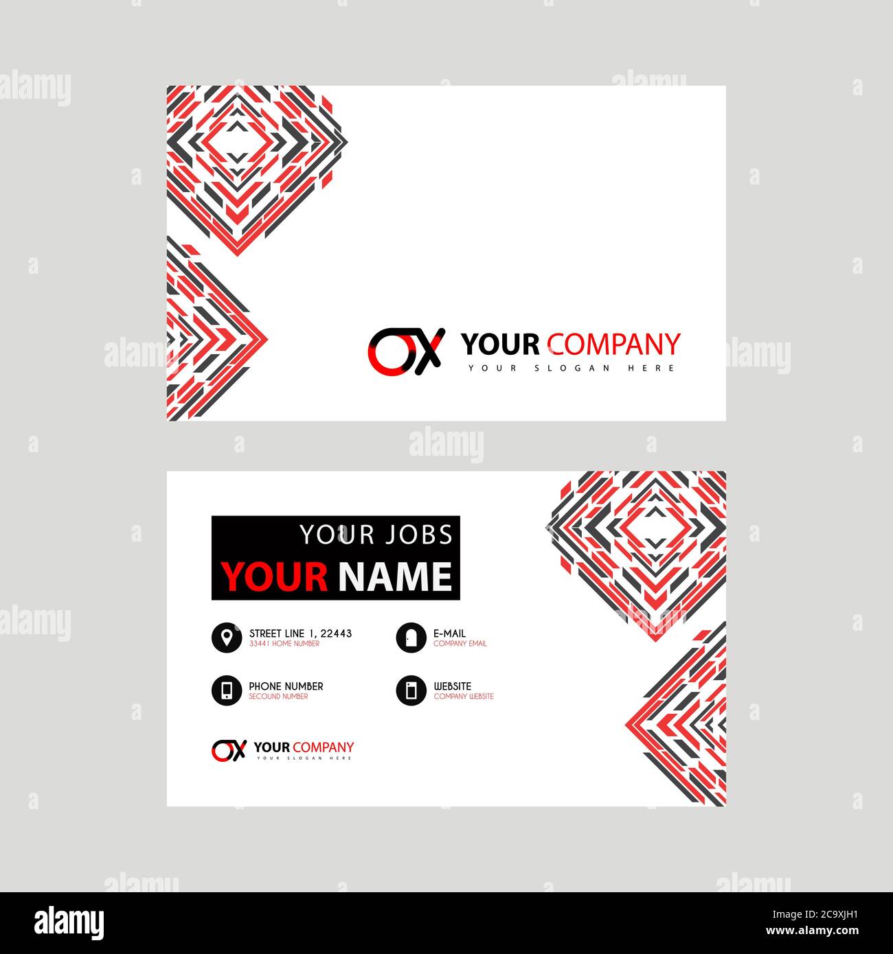 Letter OX Logo in Schwarz, das in einer Visitenkarte oder einer einfachen Visitenkarte mit horizontaler Vorlage enthalten ist. XO Logo-Konzept Stock Vektor