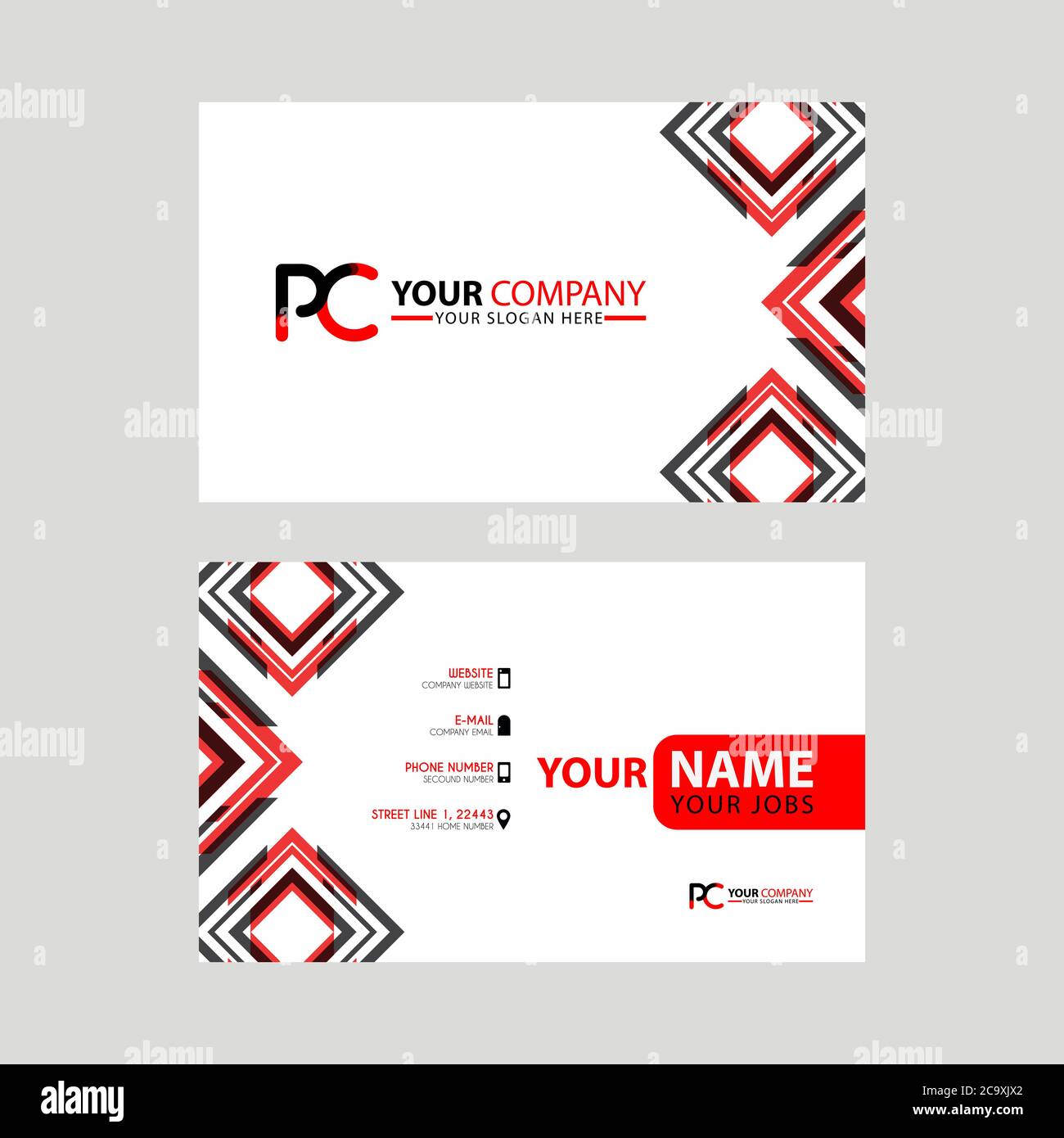 Moderne Visitenkarten-Vorlagen, mit PC-Logo Letter und horizontales Design und rot und schwarz Farben. CP-Logo-Vorlage Stock Vektor
