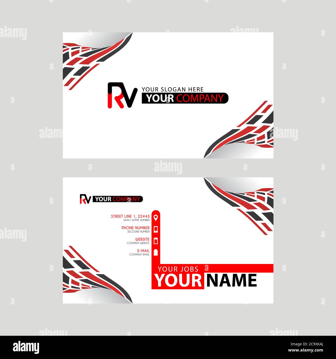 Logo RV Design mit einer schwarzen und roten Visitenkarte mit horizontalem und modernem Design. VR-Logo-Design Stock Vektor