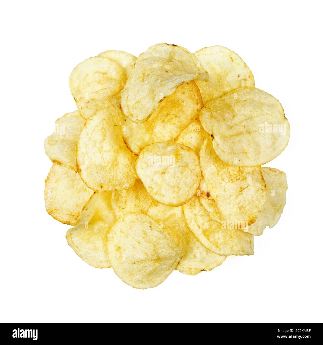 Kartoffelchips Draufsicht isoliert auf weißem Hintergrund Stockfoto