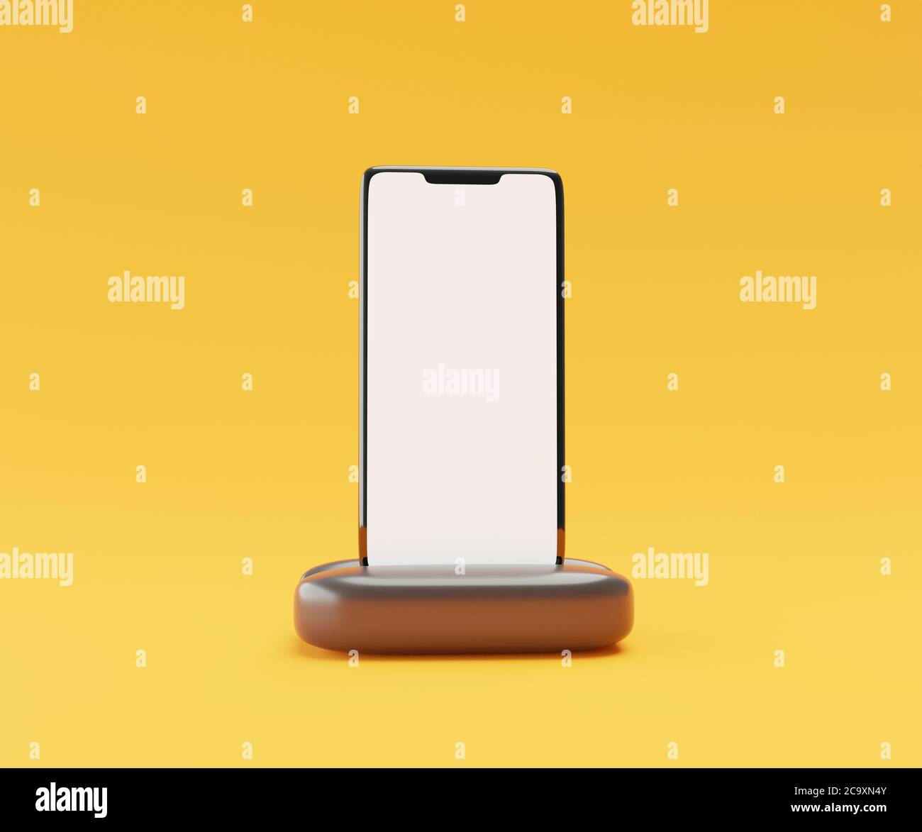 Smartphone auf einem Präsentationsständer isoliert auf gelbem Hintergrund mit leerem Bildschirm. Technologie Werbekonzept.3D-Illustration Stockfoto