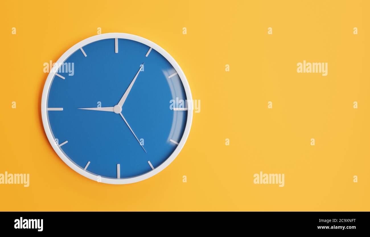 3D-Darstellung einer isolierten Uhr auf orangefarbenem Wandhintergrund. Zeitmesskonzept. Hochwertige 3d-Illustration Stockfoto