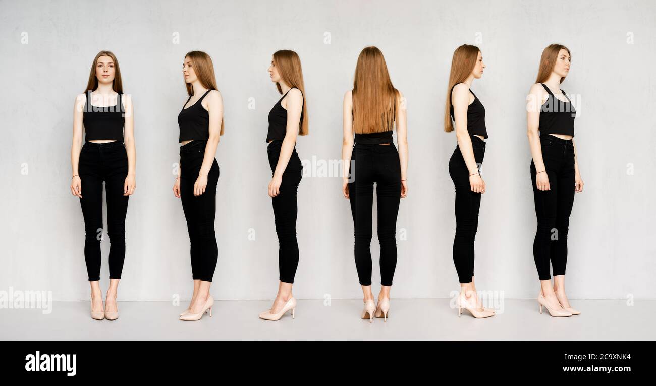 Verschiedene Seiten Ansicht von schlanken Mädchen in engen schwarzen Jeans und T-Shirt stehen mit Händen nach unten Stockfoto