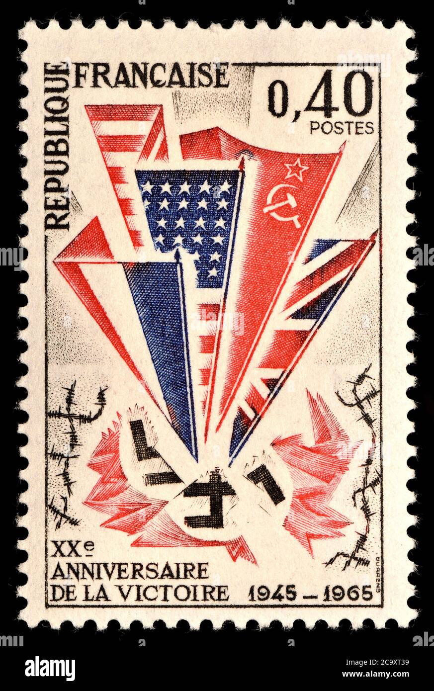 Französische Briefmarke (1965) : 20. Jahrestag des Sieges der Alliierten im 2. Weltkrieg Stockfoto