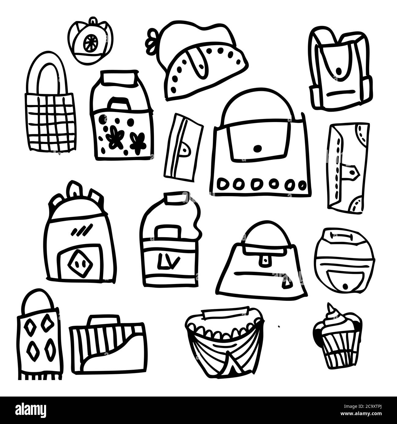 Eine Reihe von einfachen Tasche Designs mit Doodle-Stil, gezeichnet für Kinder und kann für Hintergrund-und Element-Design verwendet werden, für Einzelhandelsunternehmen, c Stock Vektor