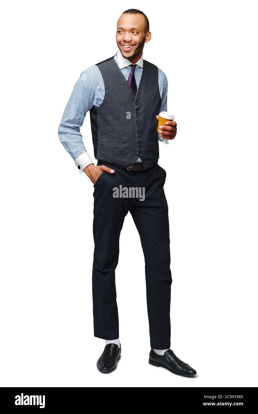 Foto in voller Länge von Young african american Geschäftsmann hält Kaffee zu gehen Stockfoto
