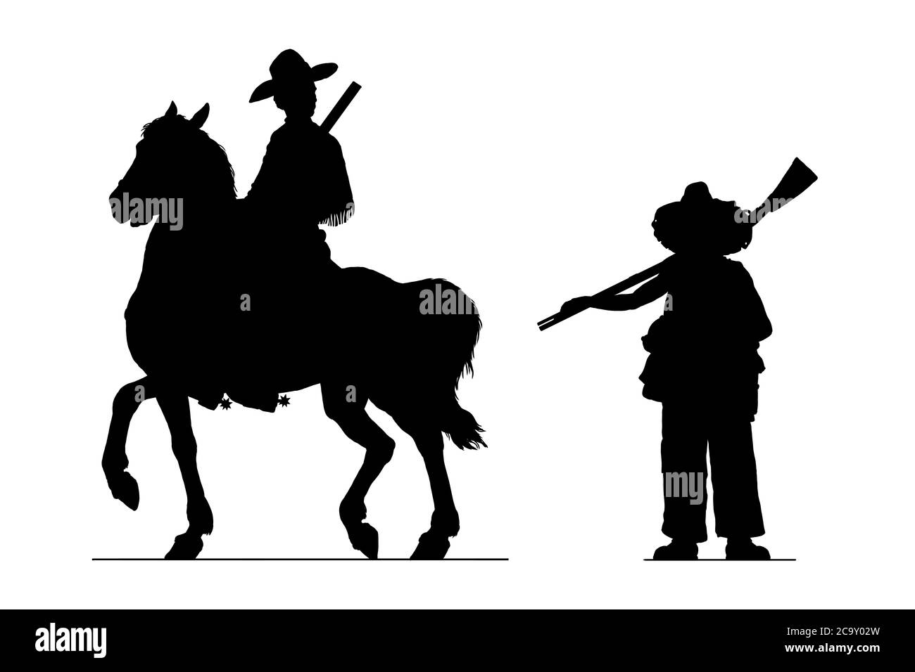 Montierter Cowboy und Trapper mit Pistole. Wild West Silhouette Illustration. Stockfoto