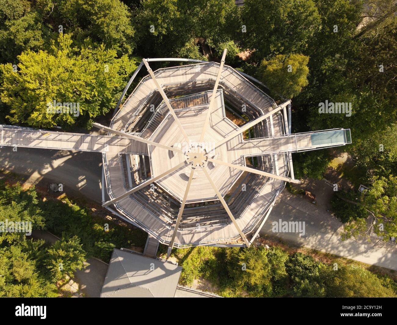 Baumwipfelpfad Harz in Bad Harzburg, Harz, Niedersachsen, Deutschland. Luftdrohne Draufsicht auf Tree Top Trail. Stockfoto