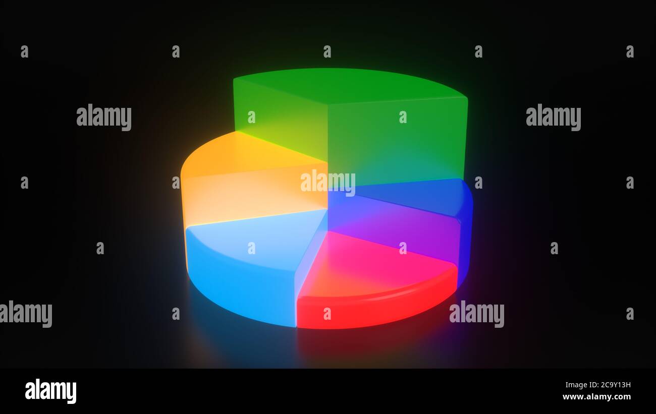 Isometrisches Zyklusdiagramm für Infografiken. 3D Tortendiagramm mit 5 Teilen und verschiedenen Farben. Geschäftsvorlage. Schwarzer Hintergrund. Für Diagramm, Bericht, Druck Stockfoto