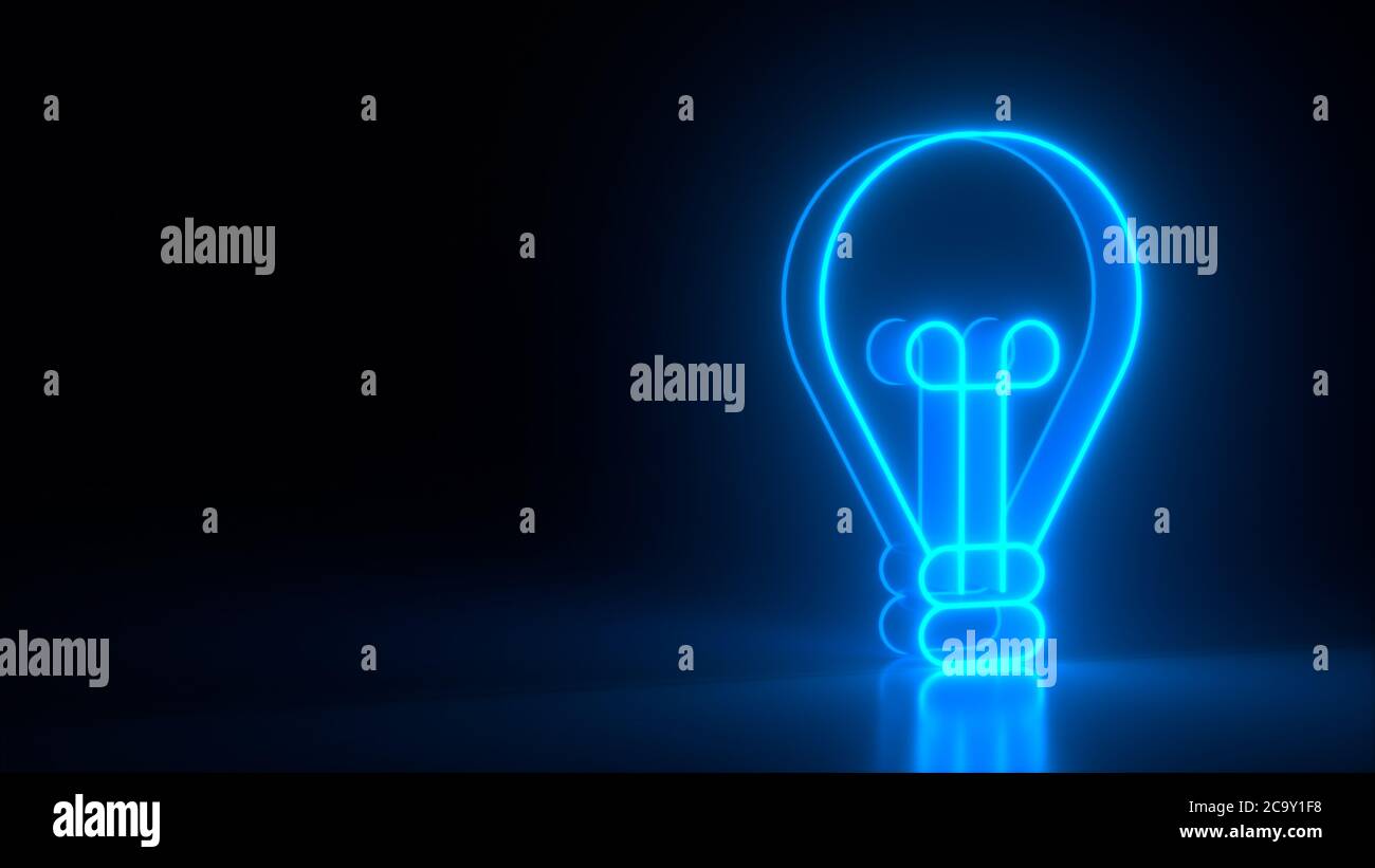 Symbol für glühende blaue Glühbirne auf schwarzem dunklen Hintergrund. Schild, Neonlichter. Idee, Kreativität Konzept. 3d-Rendering. Stockfoto