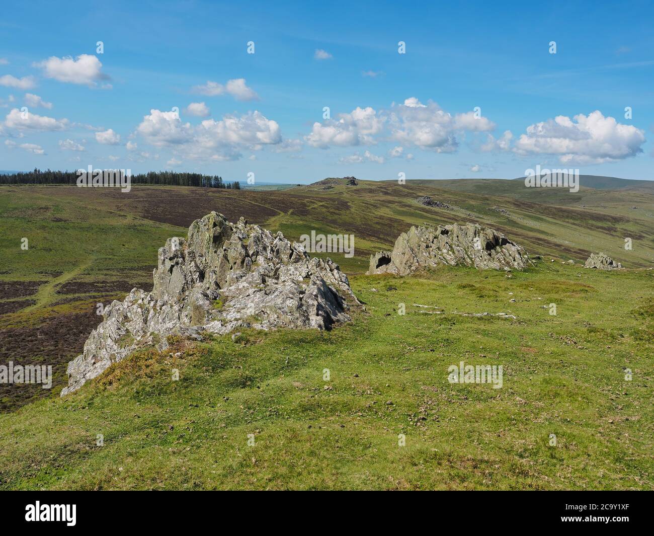 Blick von Foel Drygarn Hill Fort mit Blick auf Preseli Hills, Pembrokeshire, Wales Stockfoto