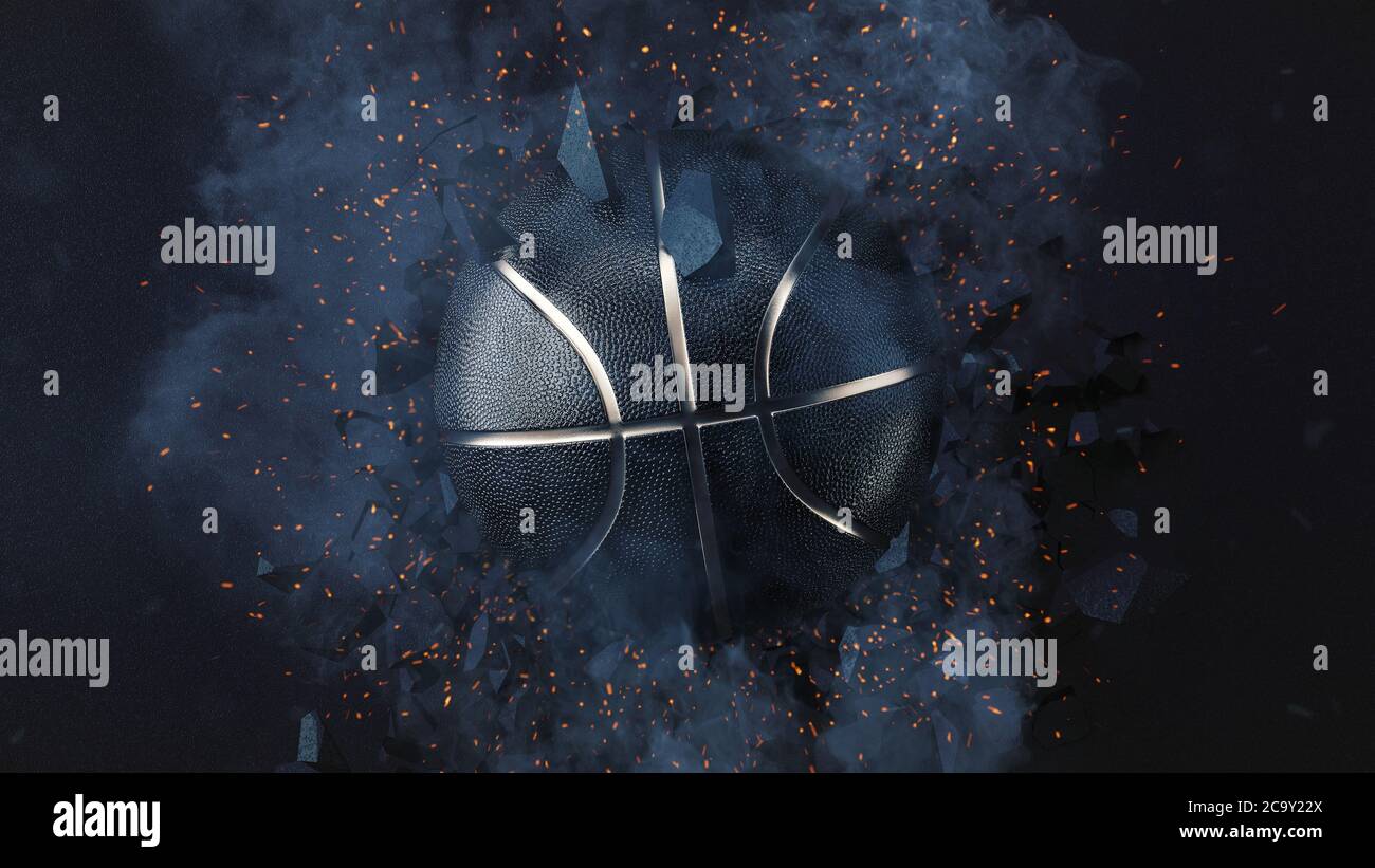 Schwarzer Basketball Ball mit Gold Metallic Line auf geknackter dunkler Wand. Weißer, wirbelnder Rauch und orangefarbene Funken. 3d-Rendering Stockfoto