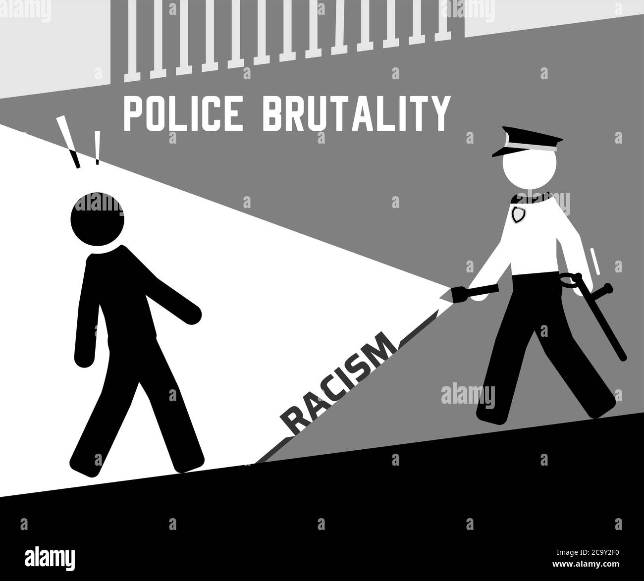 Aggressiver Polizist, der auf schwarzen Mann zugeht Stock Vektor