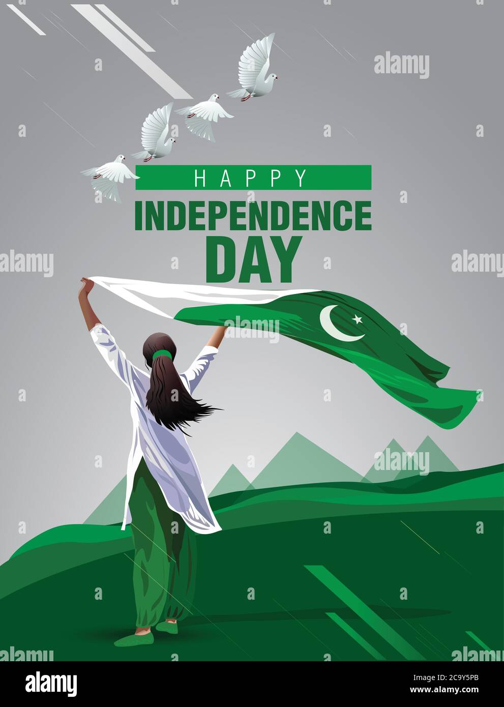 pakistan Mädchen winken Flagge ihre Hände. 14 August Happy Independence Day Feier Konzept. Kann als Poster oder Banner-Design verwendet werden. vektor-Illustration Stock Vektor