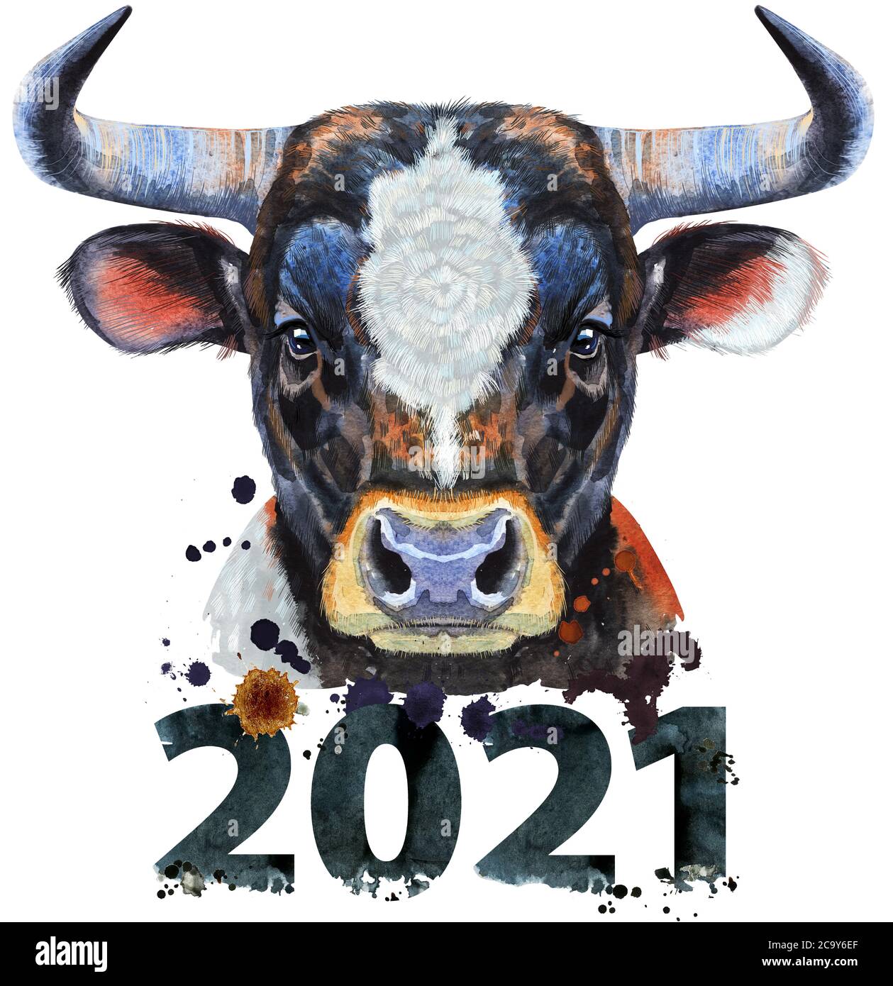 Schwarzer mächtiger Bulle mit Wasserfarben-Grafiken der Zahl 2021. Bull Tier Illustration mit Spritzwasser-Farbe texturierten Hintergrund. Stockfoto