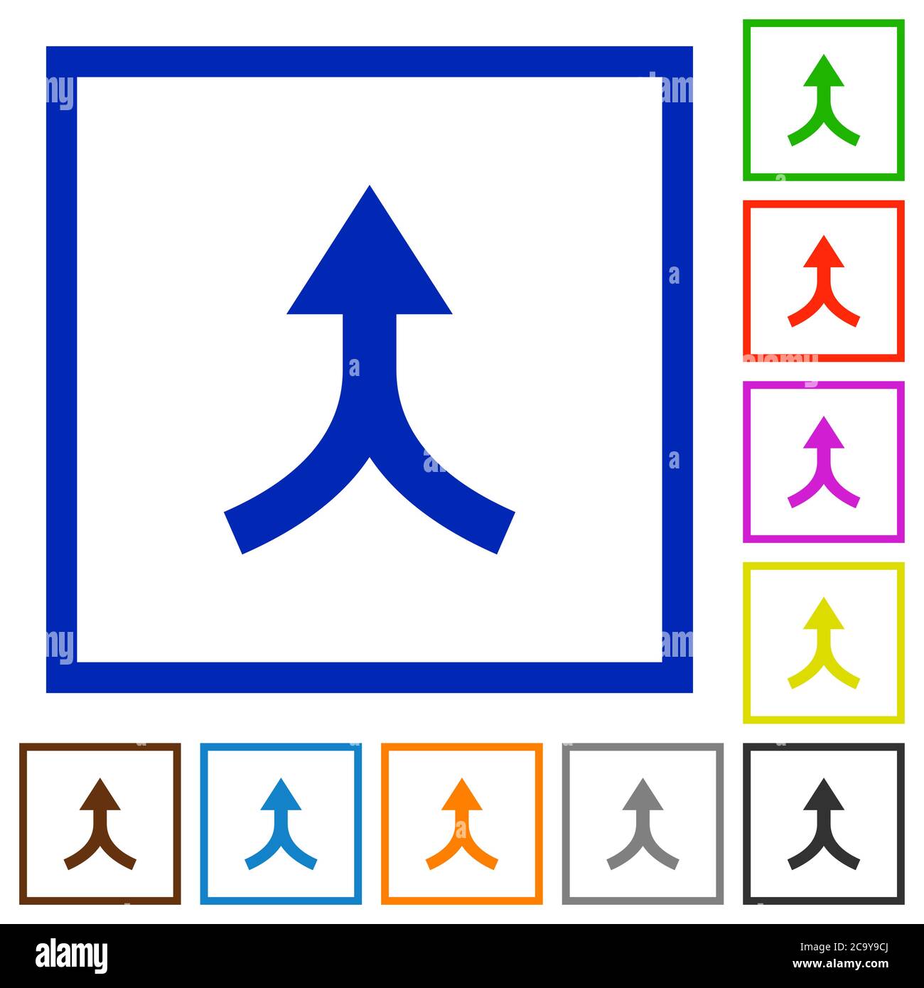 Pfeile nach oben flache Farbsymbole in quadratischen Rahmen auf weißem Hintergrund zusammenführen Stock Vektor
