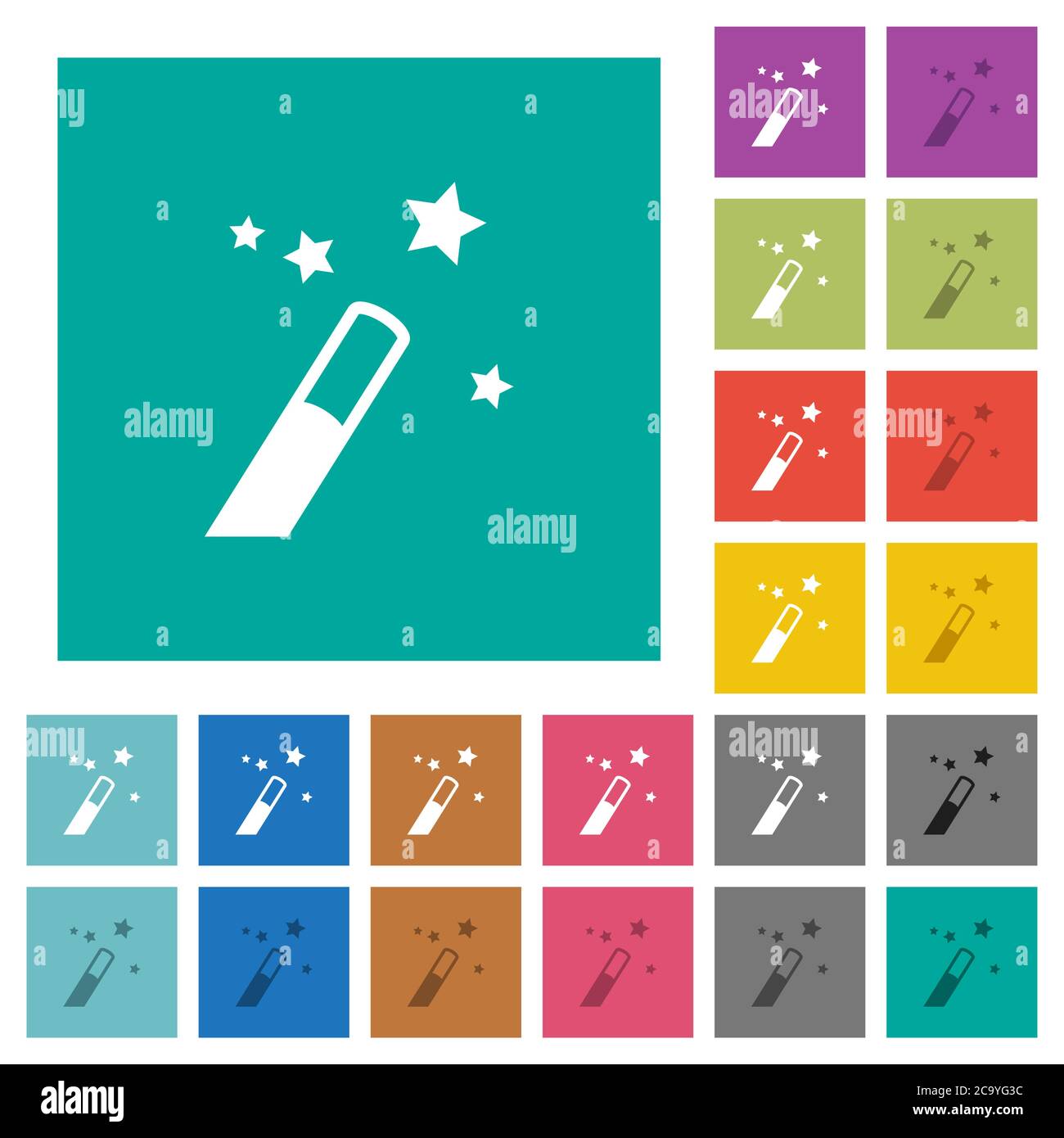 Anwendungsassistent mehrfarbige flache Symbole auf einfachen quadratischen Hintergründen. Weiße und dunklere Symbolvarianten für schwebe- oder aktive Effekte. Stock Vektor