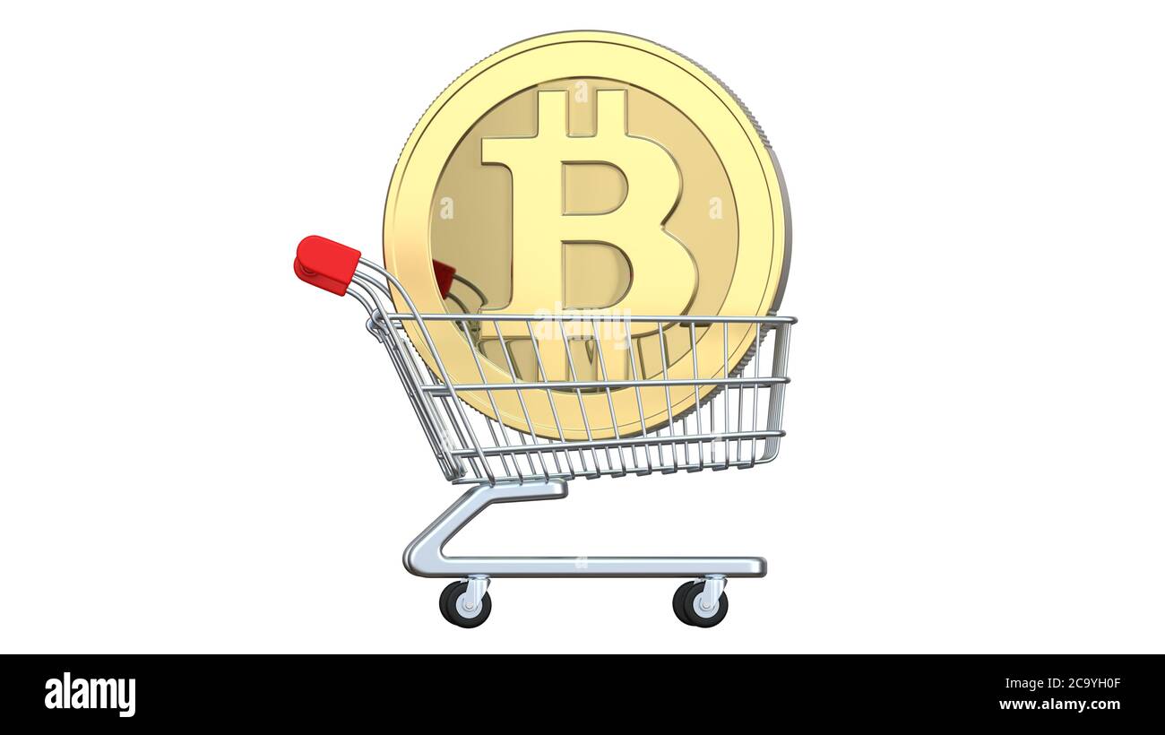 Shopping Trolley mit Münzen Bitcoin, das Konzept der Investition, Austausch oder Kauf Kryptowährung Geld. 3d-Rendering, isoliert auf weißem Hintergrund Stockfoto