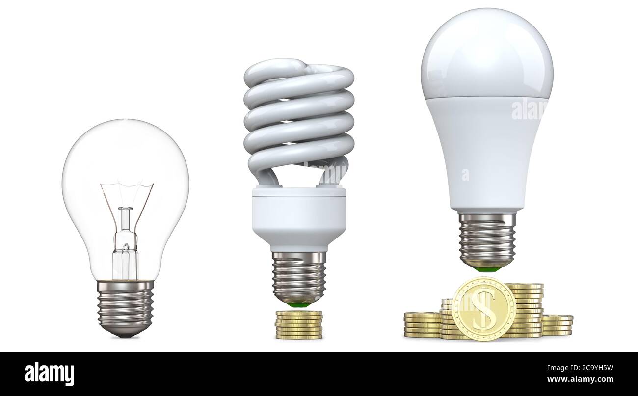 3d-Rendering von Wolfram, Leuchtstofflampen und LED-Lampen, auf Stapel von Münzen, isoliert auf weißem Hintergrund. 3d-Illustration, Evolution von Energiesparlampen Stockfoto